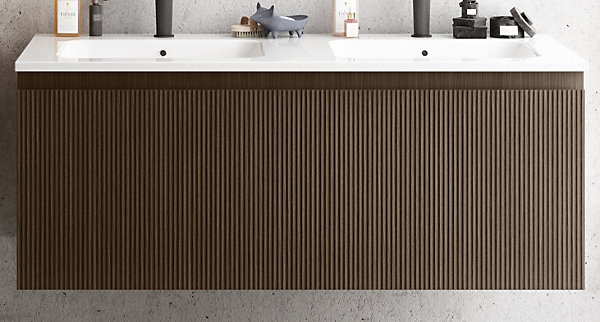 Meuble vasque suspendu plaqué noyer strié l.120 cm   plan double vasque blanc brillant résine, Pura