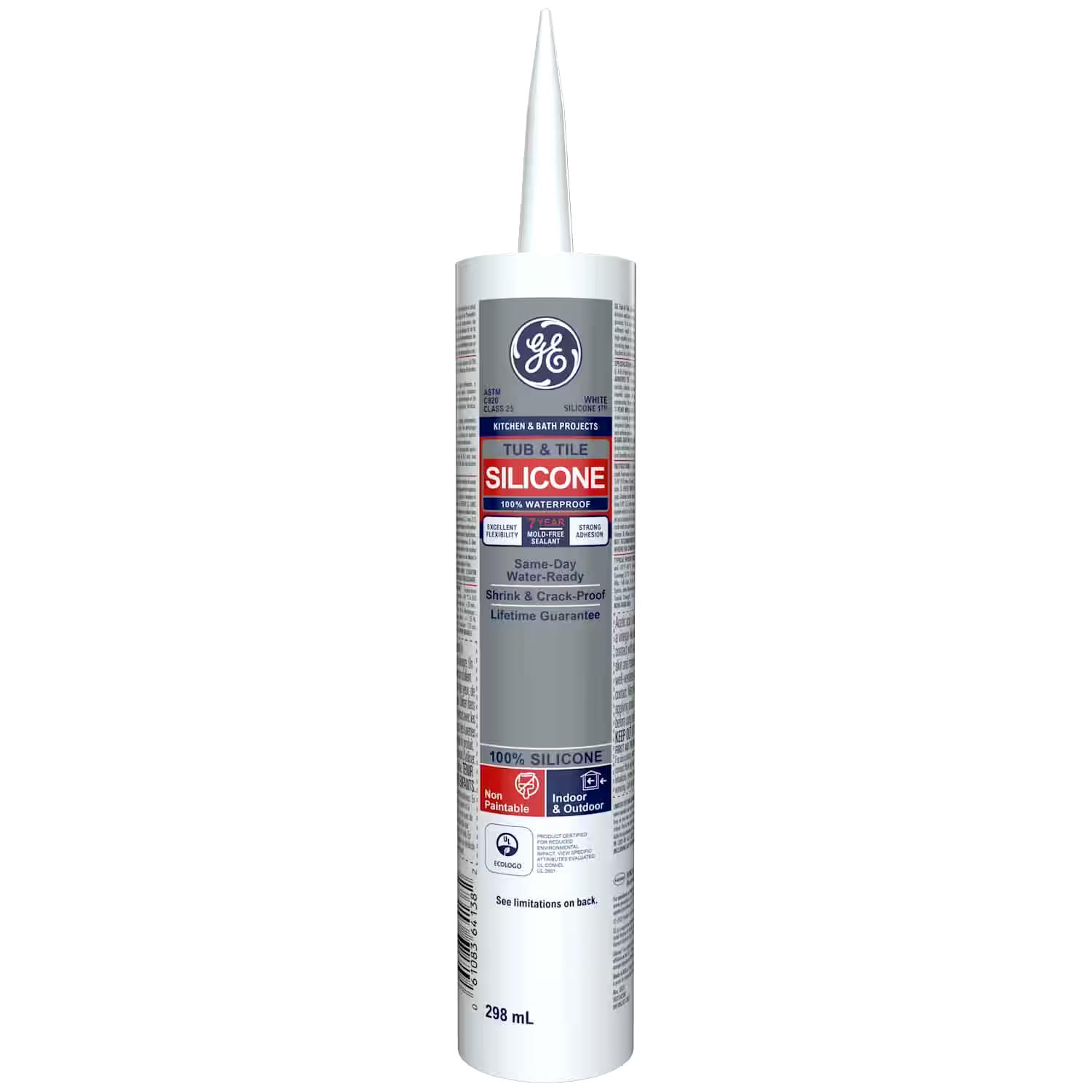 GE Silicone I Tub, Tile, Kitchen & Bath Sealant, Crack & Waterproof White, 299-mL