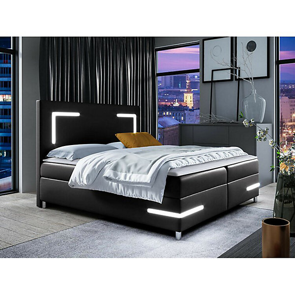 Lit continental Baltimore 173, Double, Noir, Faux cuir, Disponible