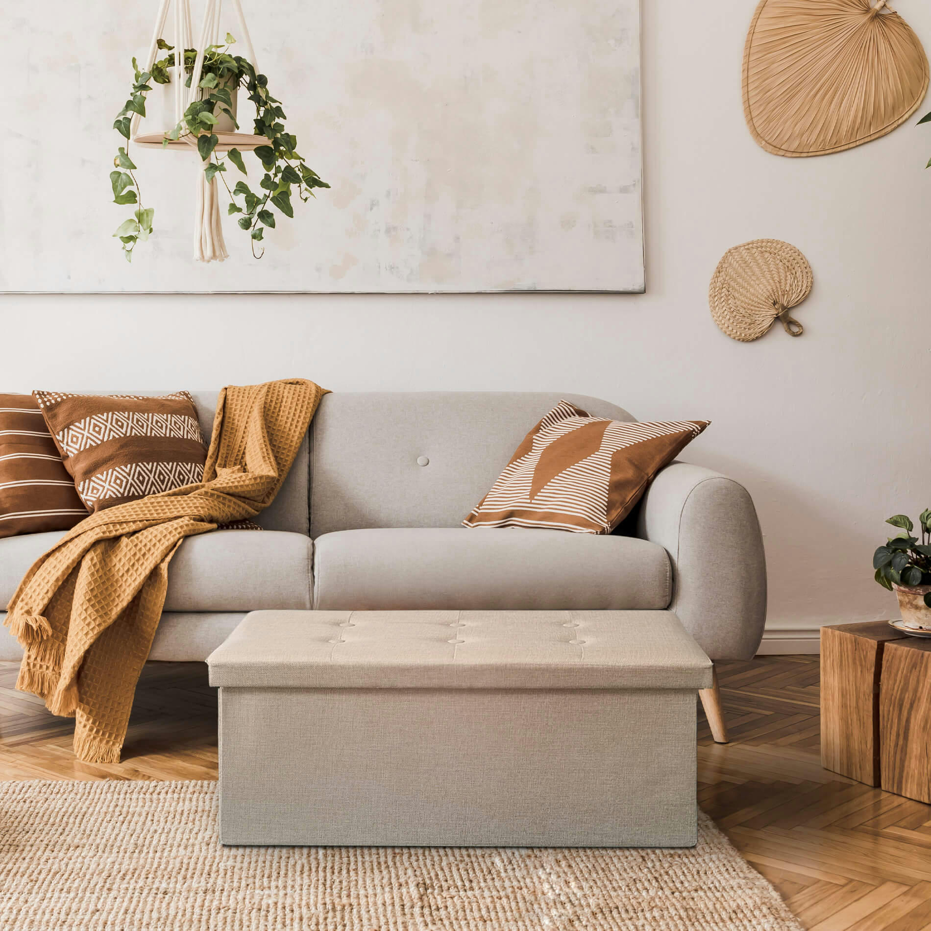 - Repose-pieds banquette pliant en fibre de bois et tissu beige