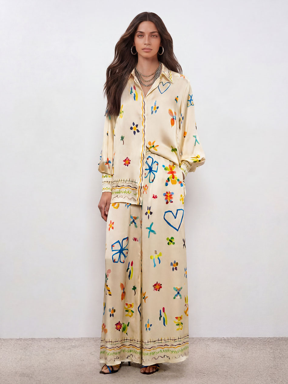 Unique Satin Hand-Painted Watercolor Print Lapel Button Shirt Two-Piece Set