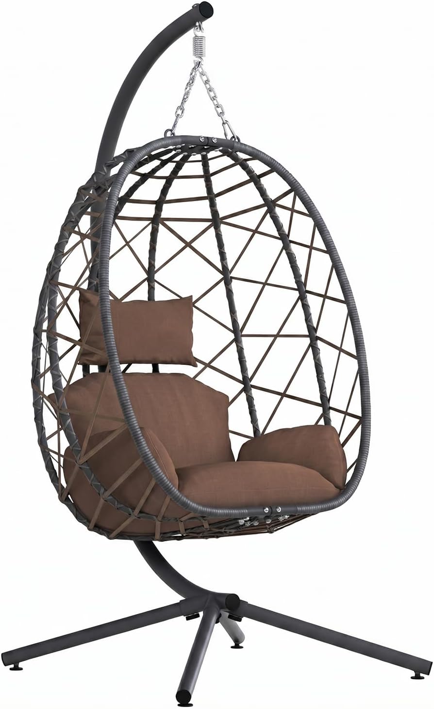 SWITTE Hanging Egg Chair with Stand, Outdoor Indoor Rattan Wicker Egg Swing Chair with Cushion, Heavy Duty Patio Hammock Chairs for Garden Backyard Balcony Bedroom, 400LBS Capacity, Brown