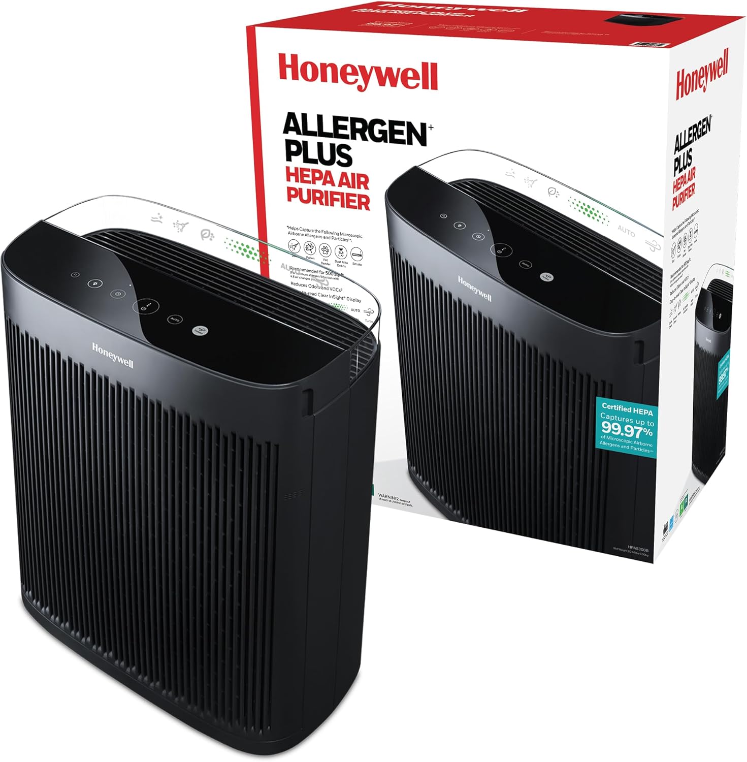 Honeywell HEPA Air Purifier for Home, 2423 Ft² Rooms in 1 hour, Air Quality Monitor, Auto Mode, Reduces Allergens, Dust, Pollen, Pet Dander, Odors, Smoke, Black, HPA5300B