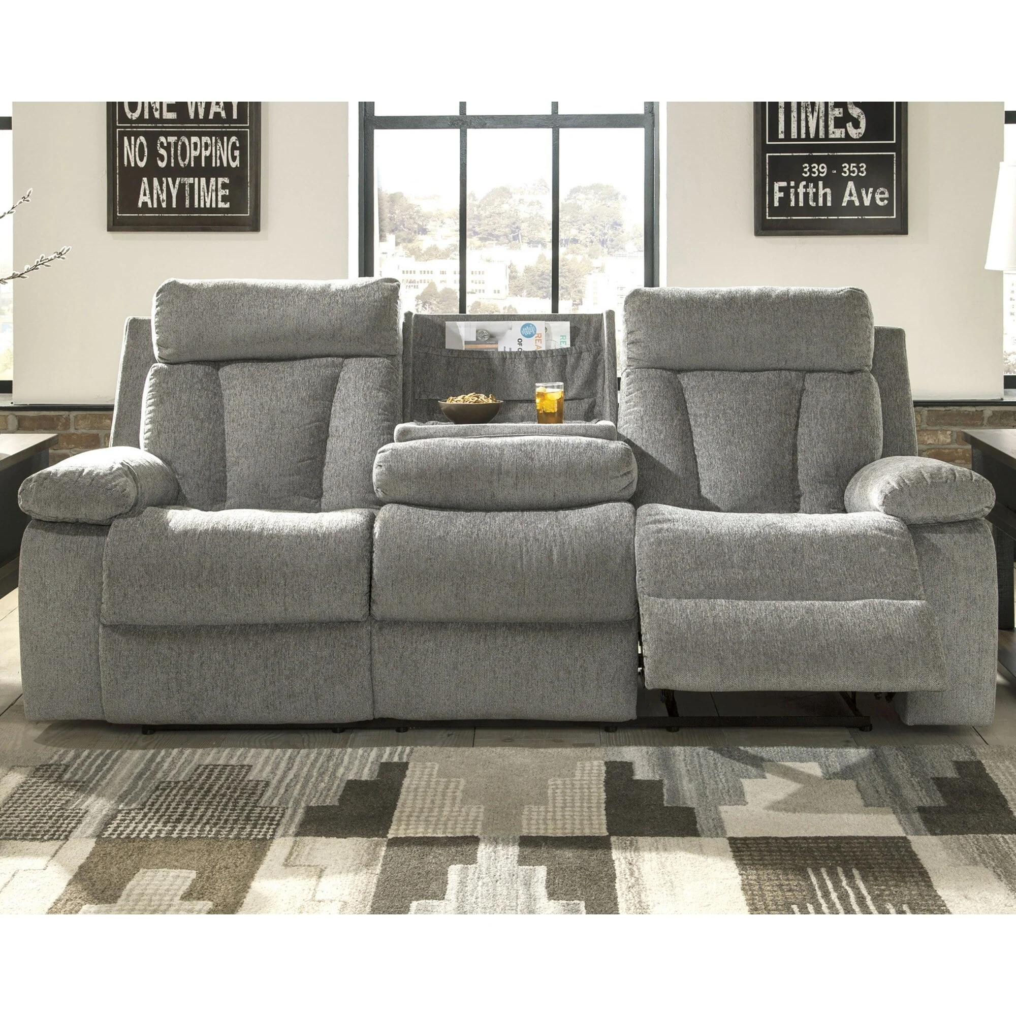 Mitchiner Gray Contemporary Reclining Sofa with Drop Down Table