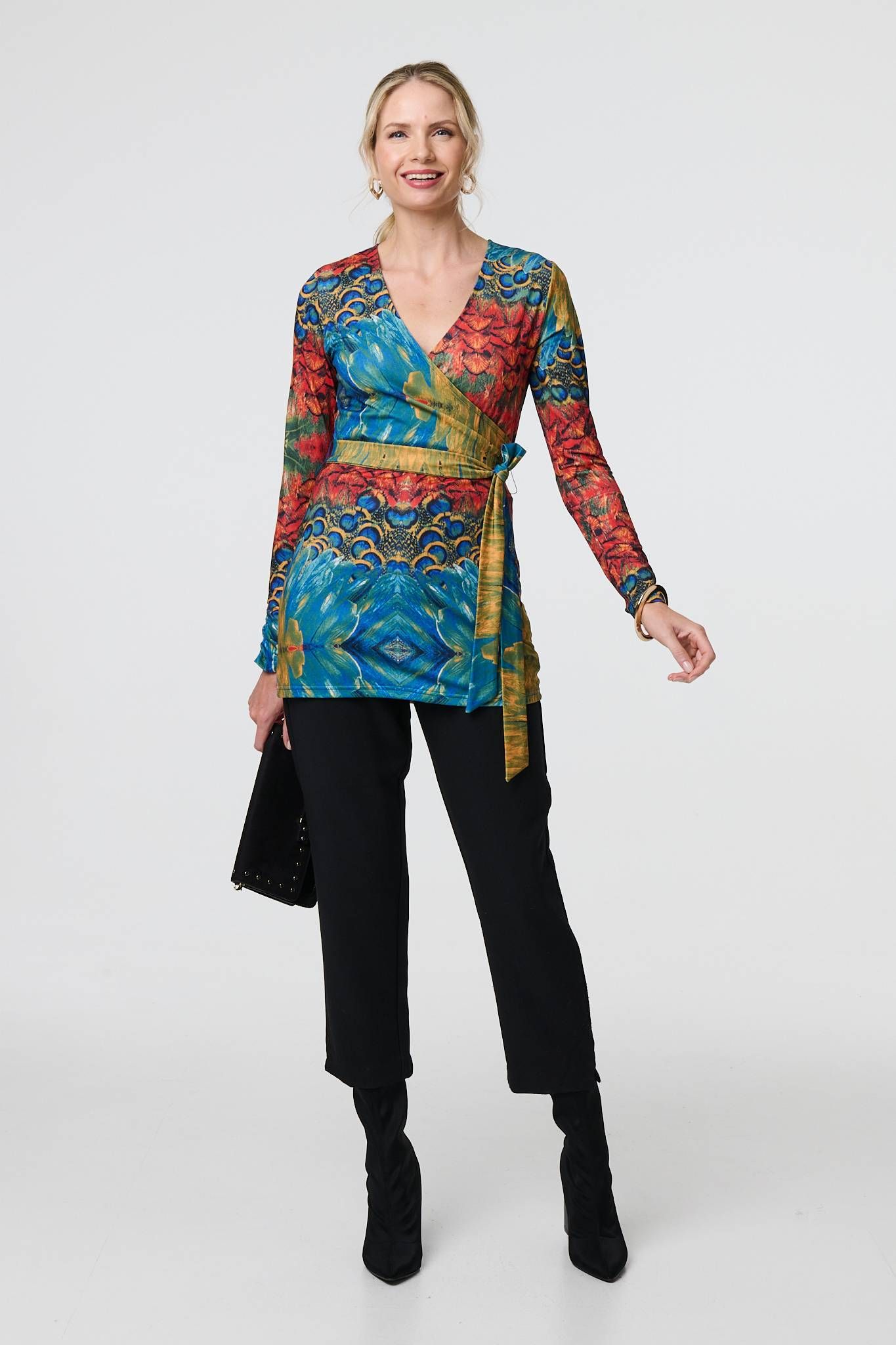 Izabel London Printed Tie Waist Long Sleeve Wrap Tunic Top
