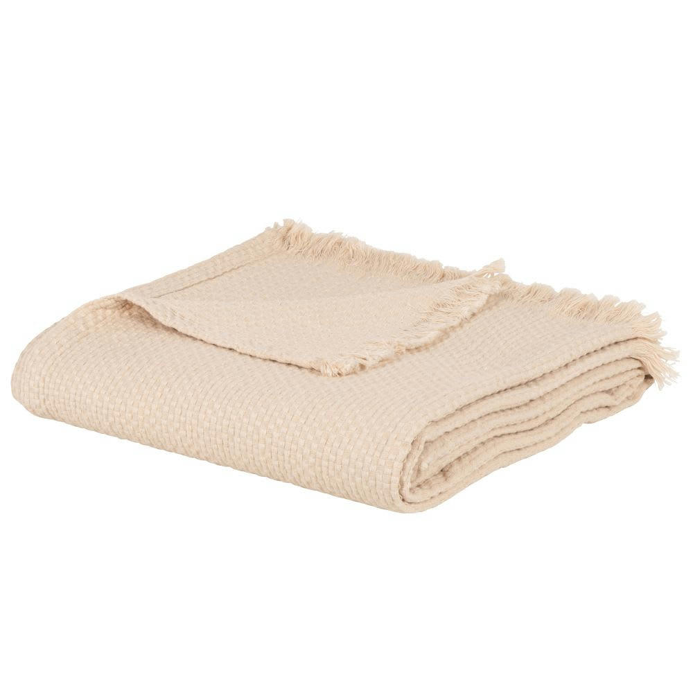 IRAJA - Plaid en coton tissé et gaufré à franges beige 130x170