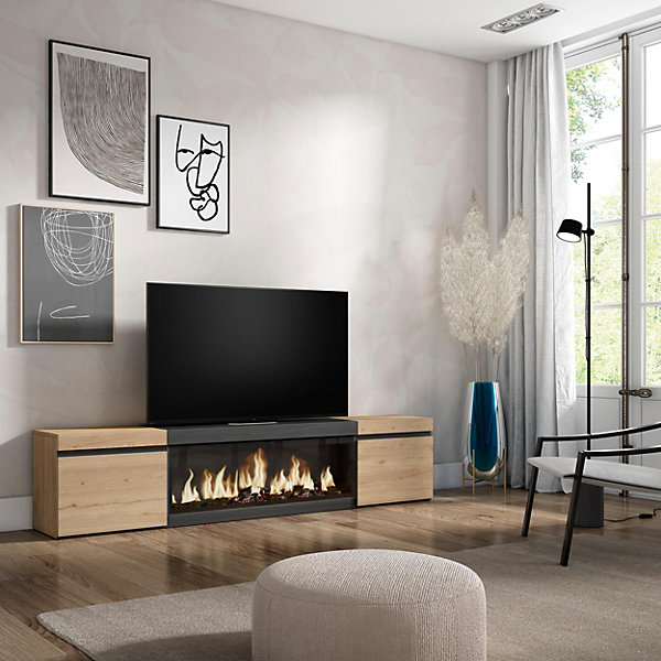 Meuble TV 210x35x45cm feu led sans chaleur XXL couleur chêne et noir