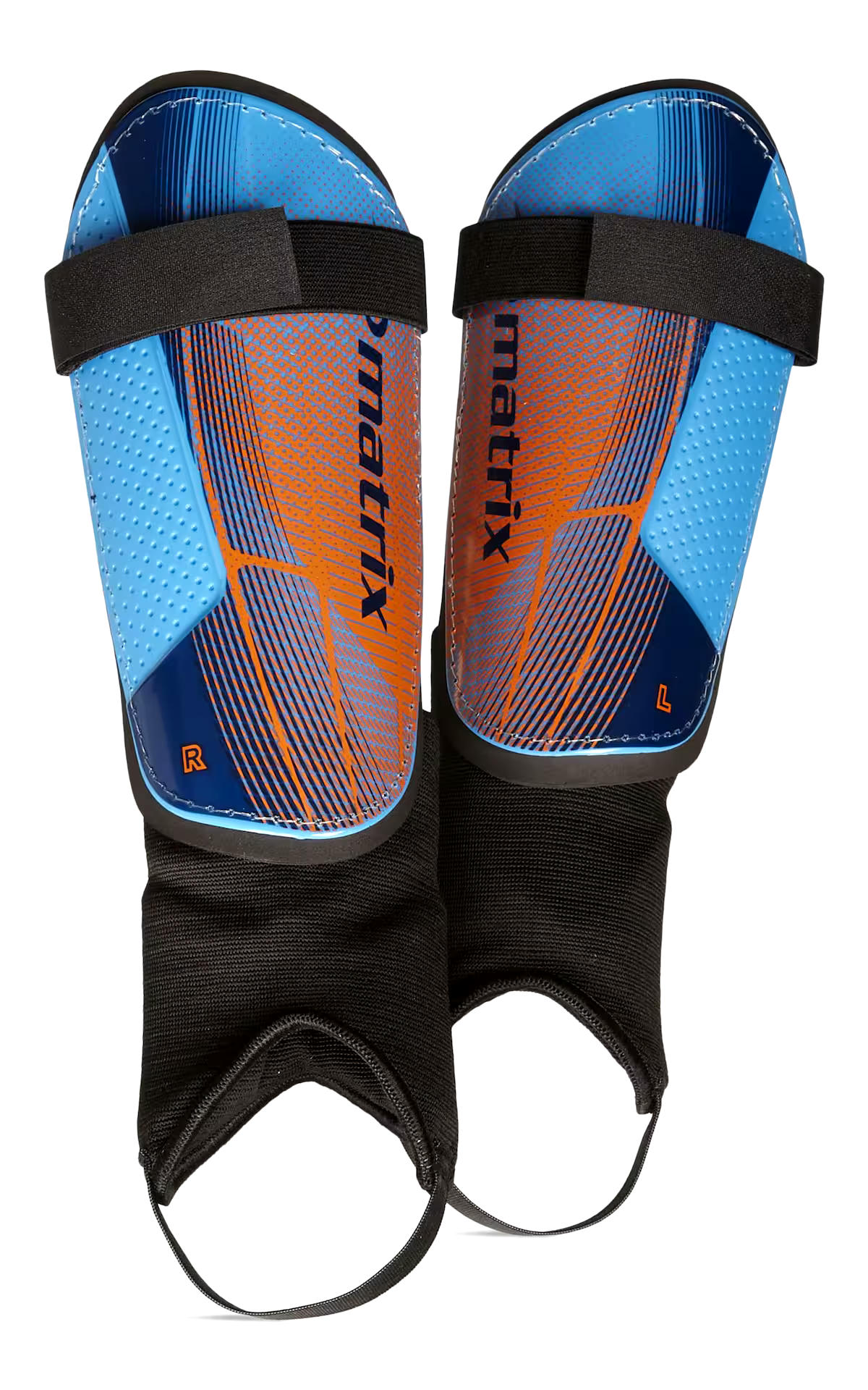 Matrix Senior/Adult Soccer Shin Guards w/ Adjustable Elastic Straps, Blue/Orange