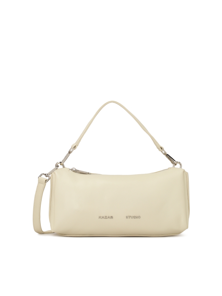 Elongated leather handbag with detachable straps