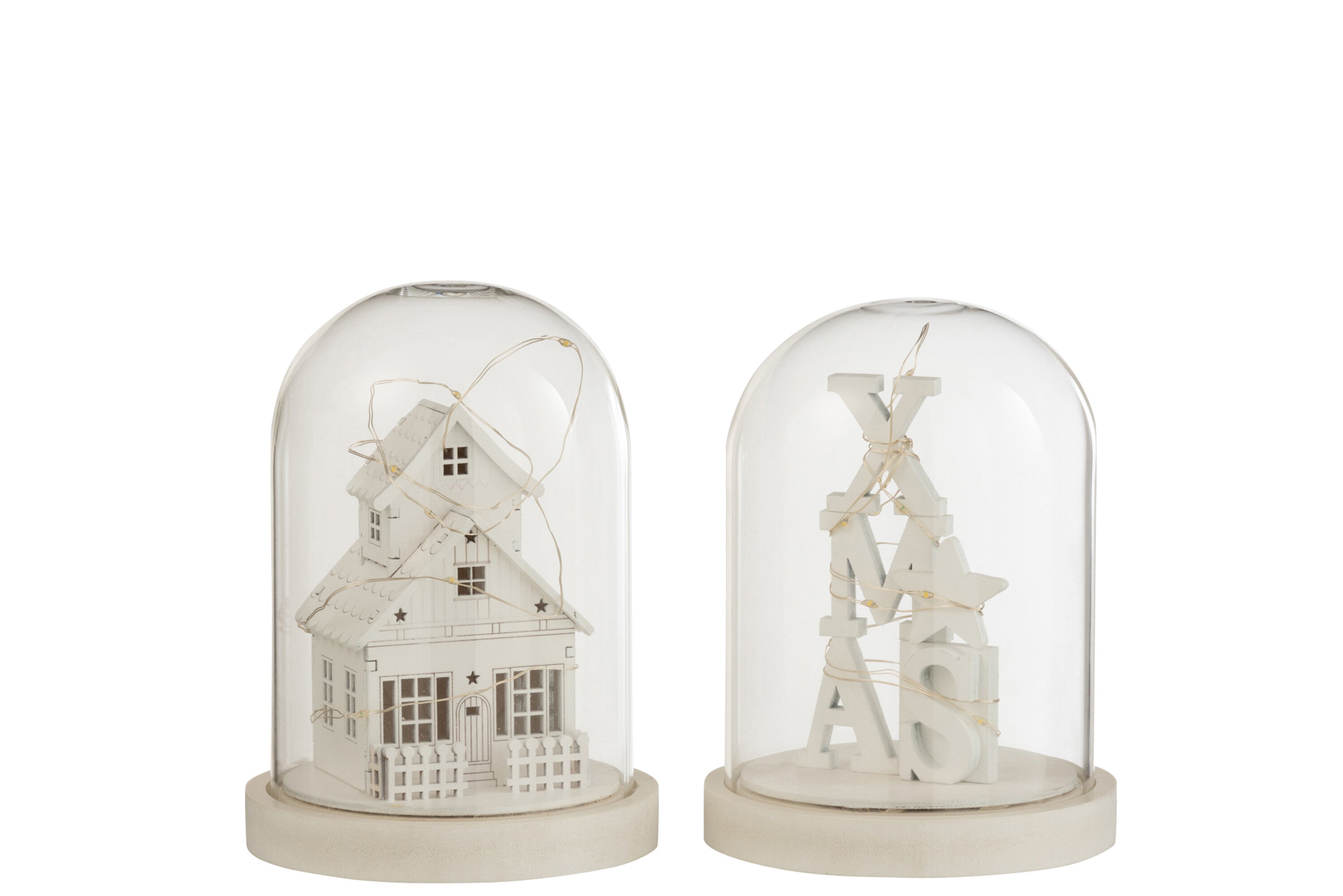 J-Line Decoratieve stolp Winter - hout/glas - wit - 2 st. - LED lichtjes