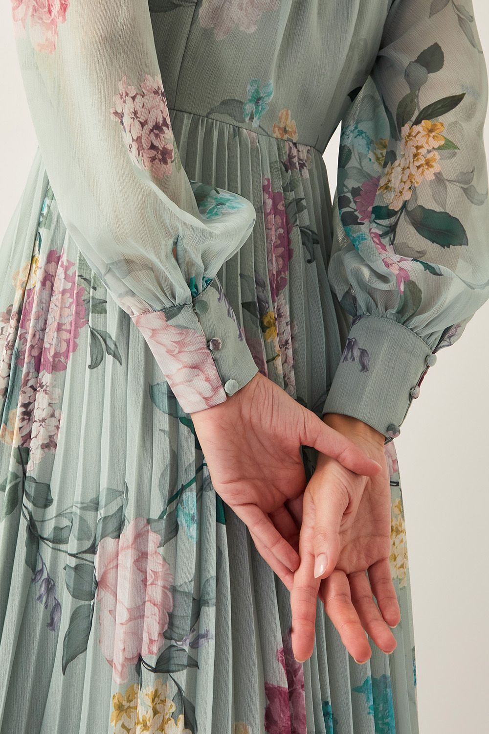 Monsoon Agnes Floral Pleated Midi Dress Green