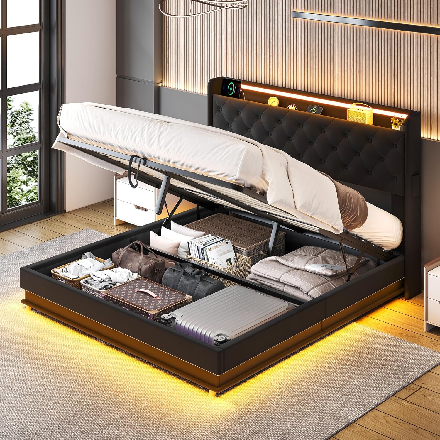 Lift Up Storage Bed Full, Bed Frame Full Size with Charging Station & Led Lights, Upholstered Storage Bed with Wingback 2-Tier Bookcase Headboard, Hydraulic Lift, No Box Spring Needed,Black | lift up bed, breathable material