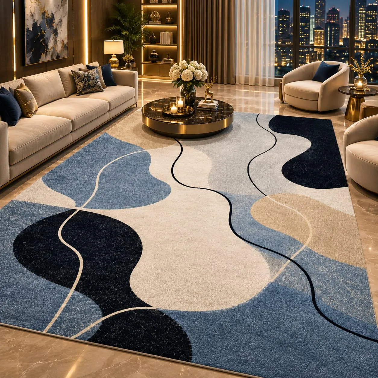 Abstract Area Rug, Beige Blue Black Geometric Contemporary Carpet, Minimalist Living Room Floor Rug
