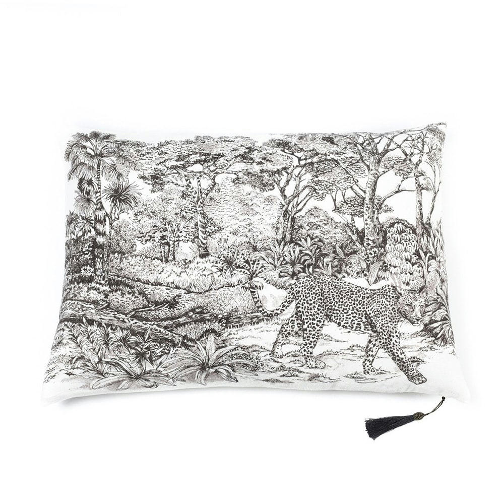 ORIENT EXPRESS - Coussin en lin pur lavé Toile de Jouy Léopard Blanc noir  50x70