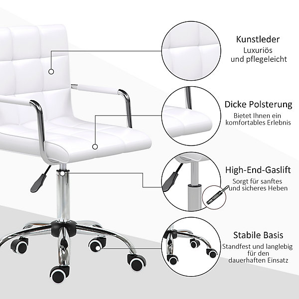 Fauteuil de Bureau Ergonomique - Chaise de Bureau Pivotante Réglable en Hauteur avec Rembourrage Confortable, PU PVC Blanc