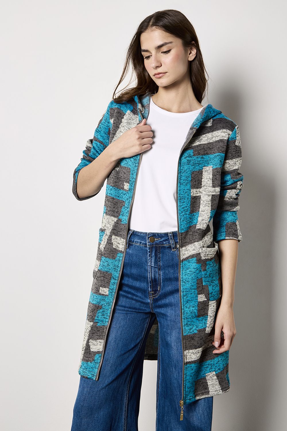 Apricot Geometric Knitted Zip-Down Cardigan
