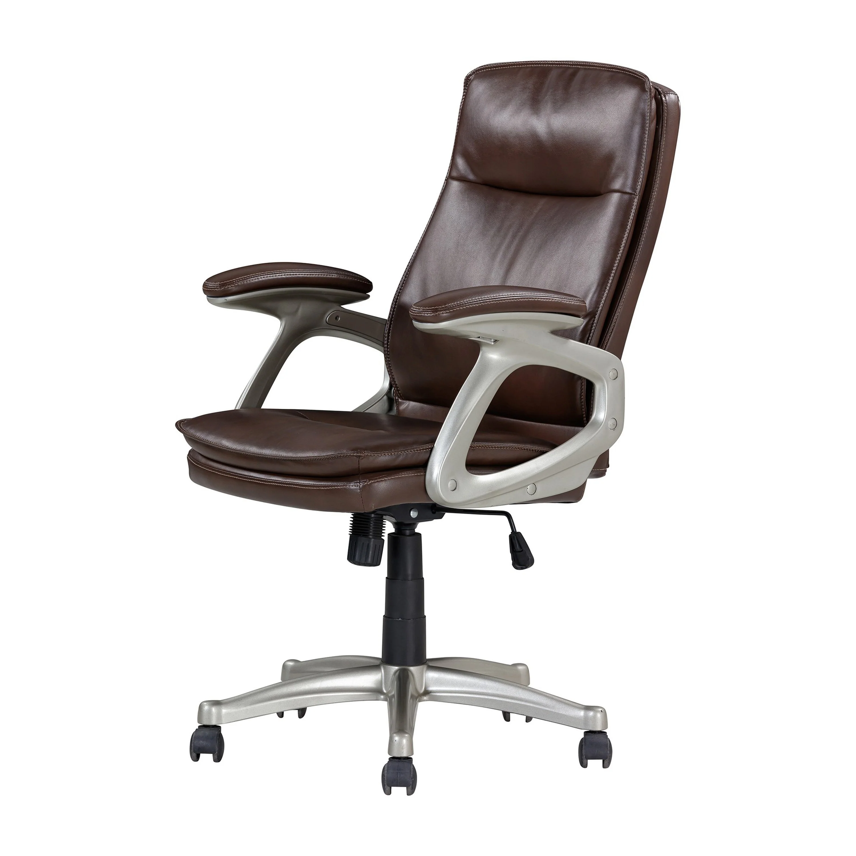 28 Inch Office Gaming Chair, 360 Degree Swivel, Silver, Brown Faux Leather