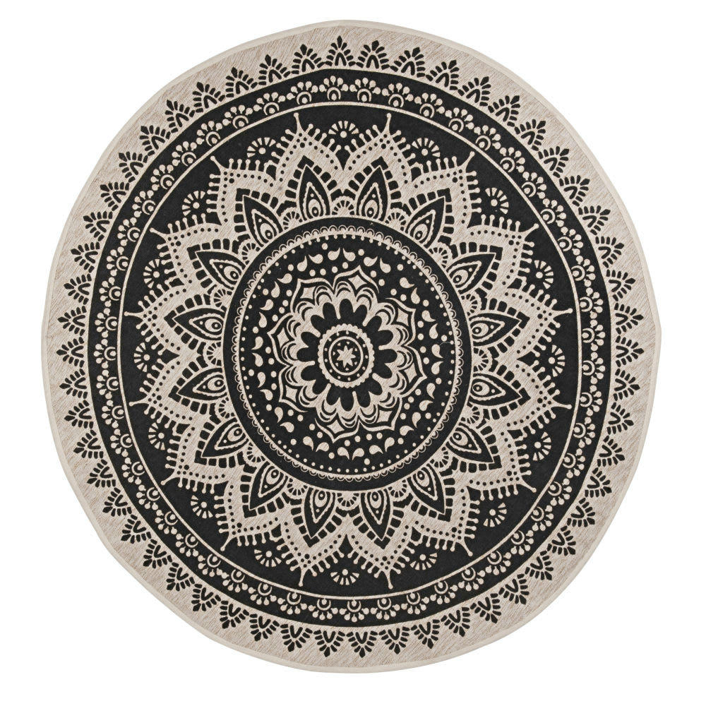 MANDALA - Tapis rond tissé en jute et coton recyclé gris anthracite à motifs D180