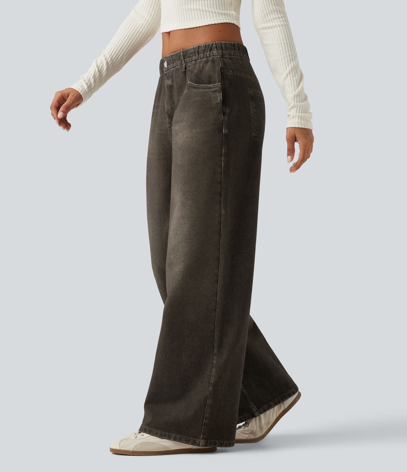 Pantalon large en molleton French Terry imprimé denim taille mi-haute avec poches
