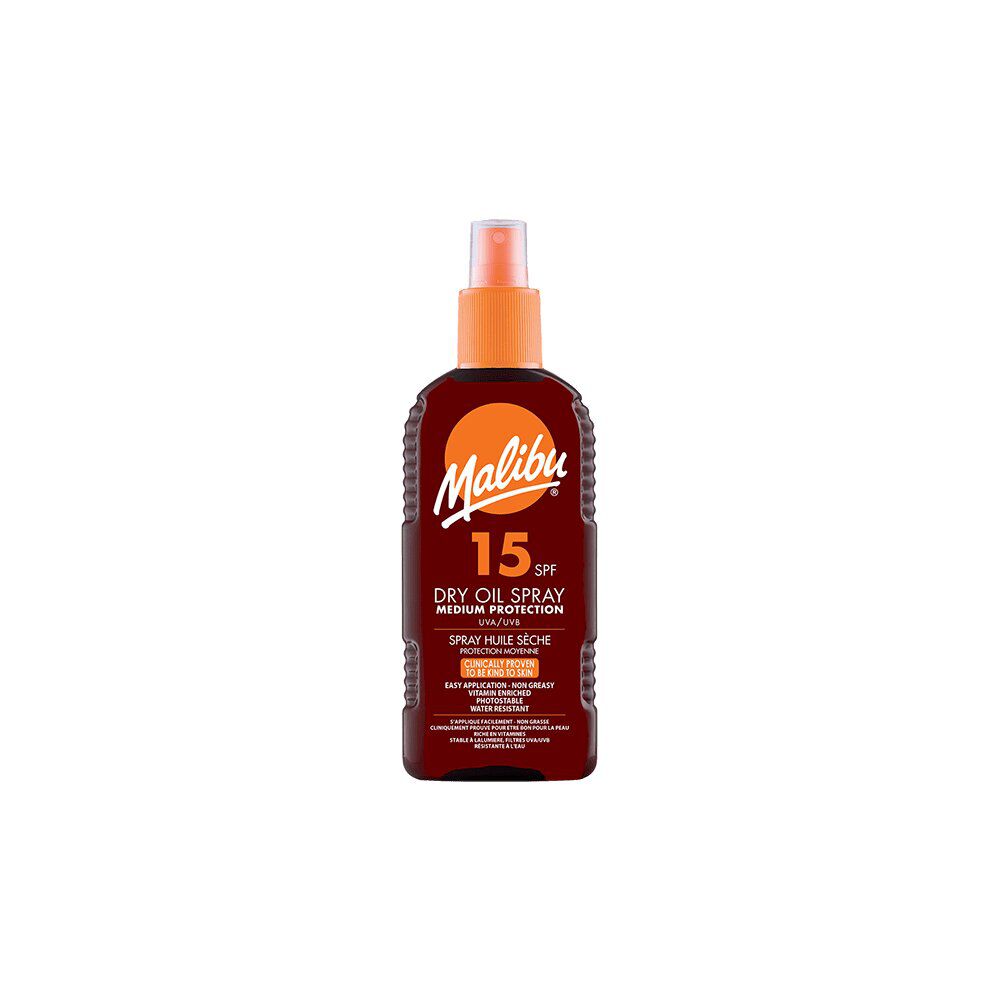 Huile sèche solaire SPF15 moyenne protection Malibu spray 200ml