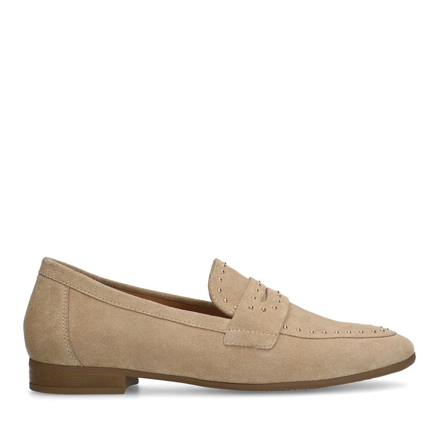 Manfield Beige suède loafers met goudkleurige studs