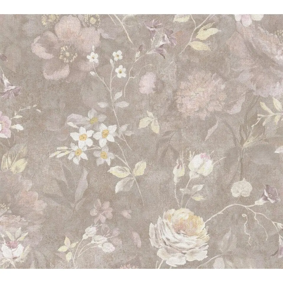 A.S. Cr&eacute;ation behang bloemen bruin, meerkleurig, oranje, geel en wit