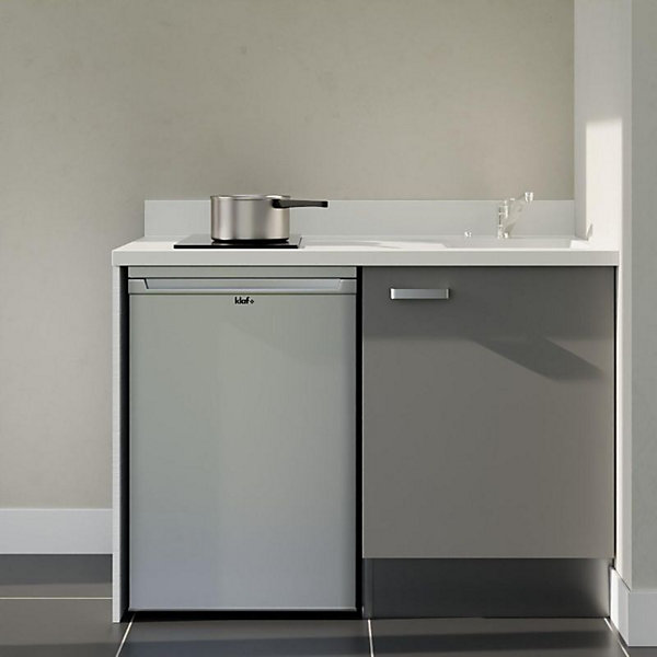 Kitchenette K08 - 120 cm - façades Gris - Plan monobloc en quartz coloris Snova évier à droite - Electroménager Inox