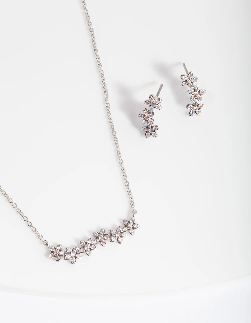 Silver Diamond Simulant Flower Cluster Necklace & Earrings Set