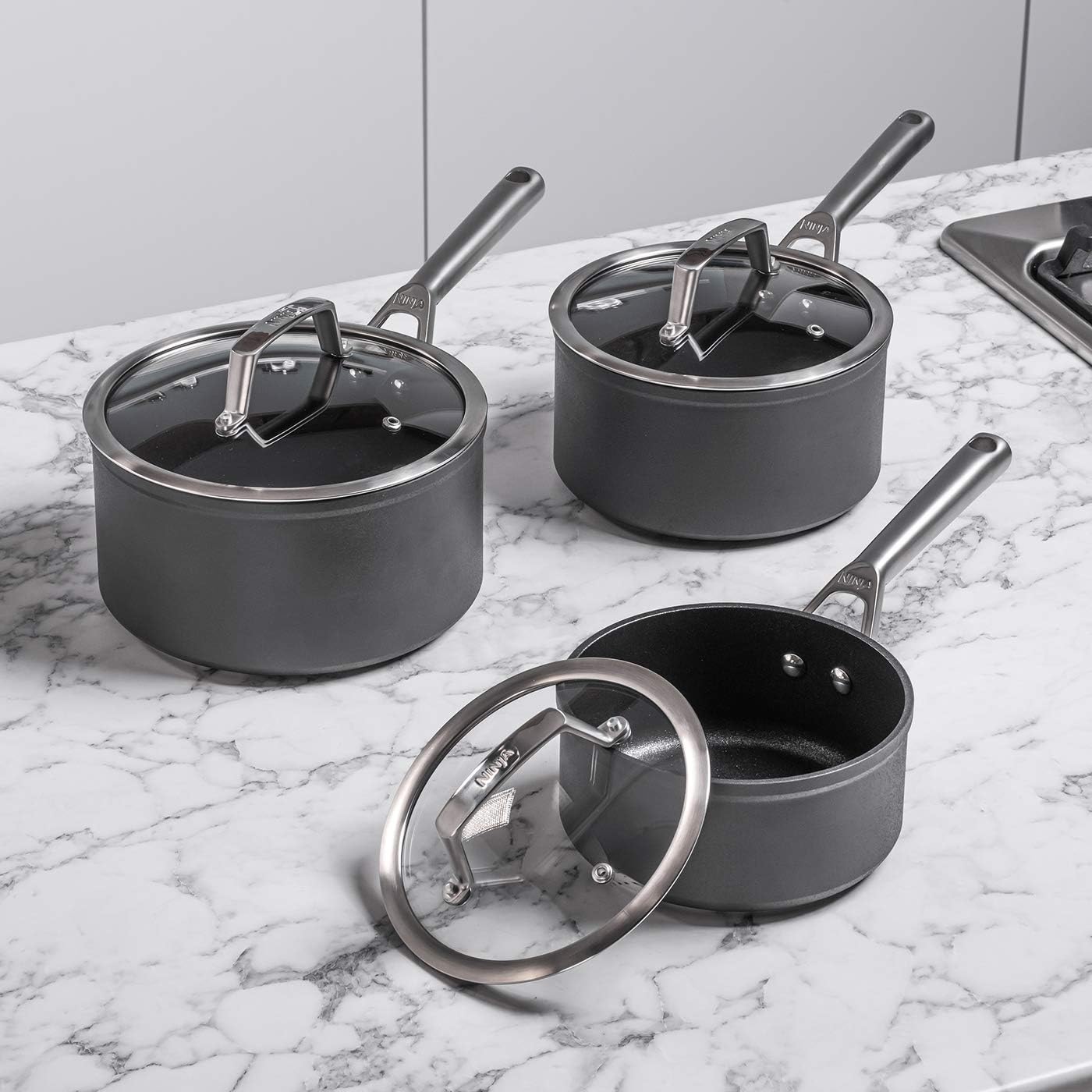 Ninja Foodi ZEROSTICK 3-Piece Saucepan Set, Hard Anodized Aluminium, Non-Stick, Induction Compatible, Dishwasher Safe