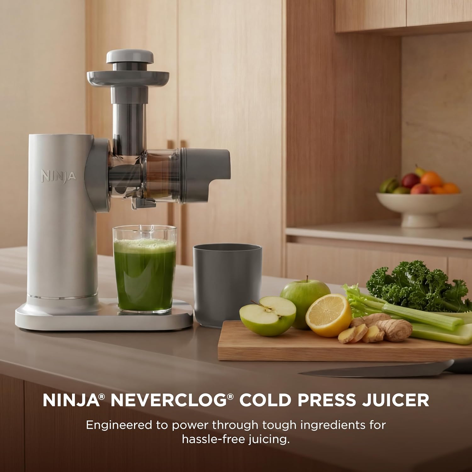 Ninja NeverClog Cold Press Juicer | Powerful Electric Slow Masticating Juicer with Pulp Control | XL Capacity | 24 oz. Juice Jug & 36 oz. Pulp Container | Dishwasher Safe | Gray | 150W | JC151​SL