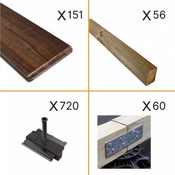 Kit Terrasse Bambou 40m² MELODY - 151 lames de Terrasse (185 x 13.9 x 1.8 cm) - Fixation Clips Cobra Hybrid 7-22 - Garantie 25 ans