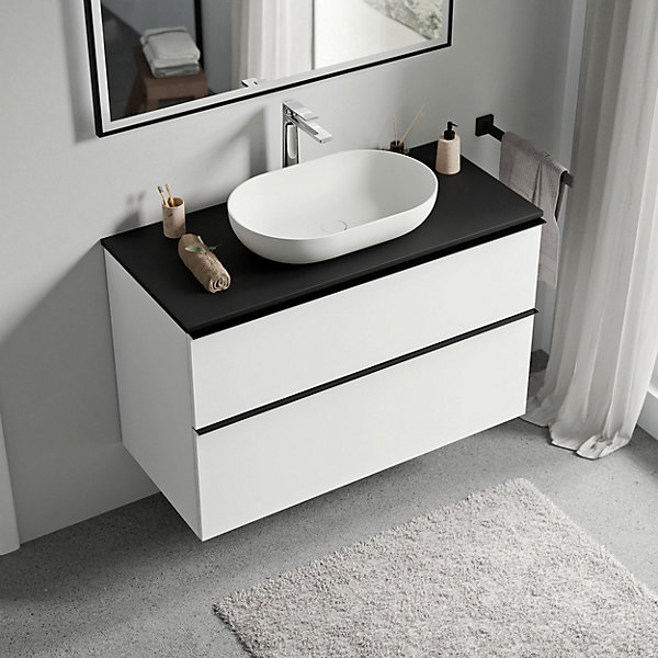 Meuble sous vasque suspendu MDF Blanc mat, plan vasque Noir mat, poignée Anthracite mat - 100x46x62cm - LAVOA