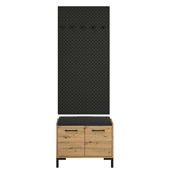 Meuble entree porte-manteau et banc à chaussures 2 portes Liora Bois et Noir