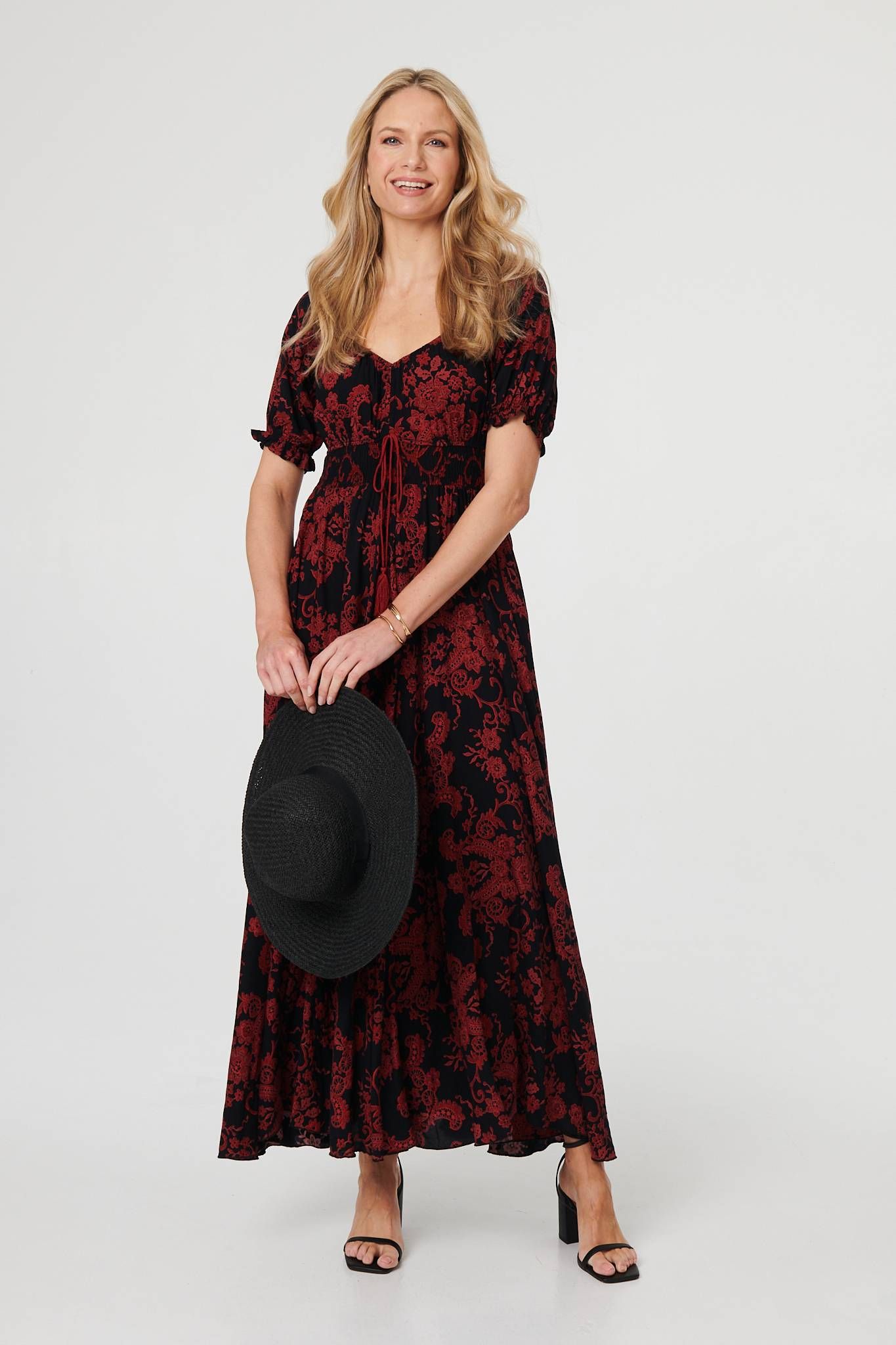Izabel London Baroque Print Puff Sleeve Maxi Dress