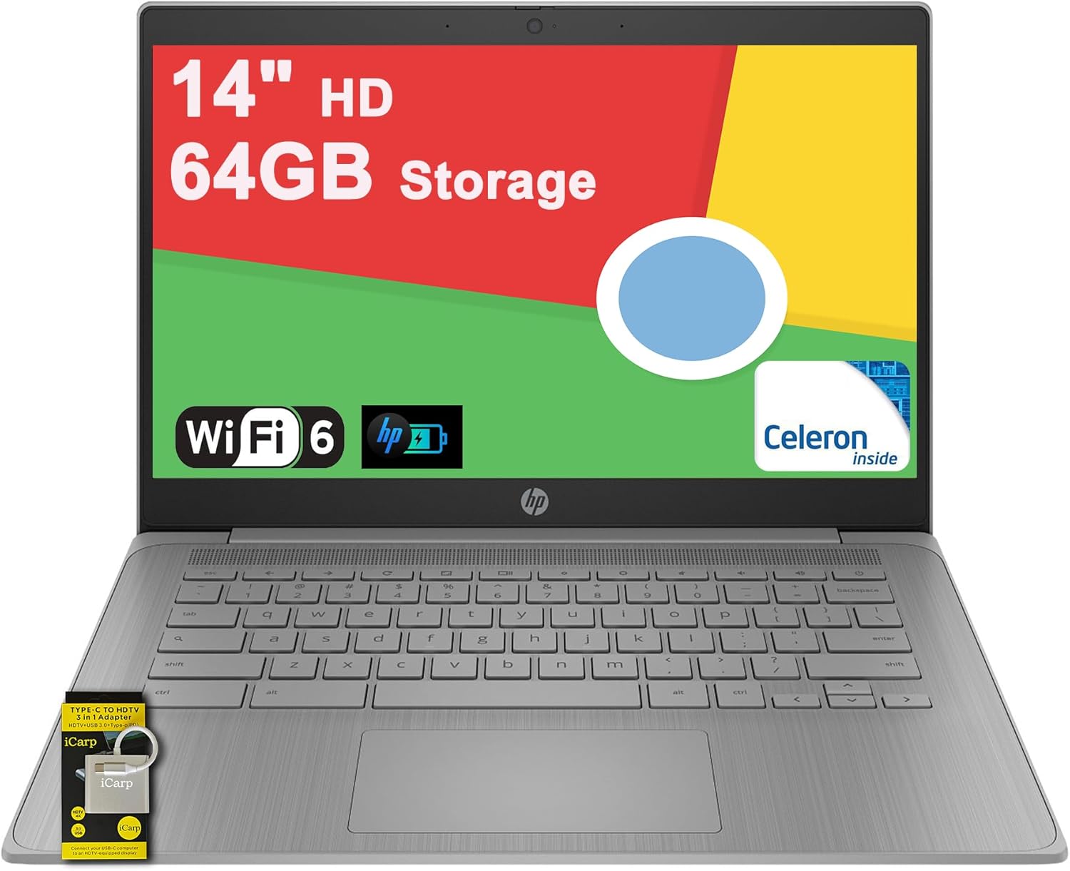 HP Chromebook 14 Home and Student Laptop 14 HD Antiglare Intel Celeron N4500 4GB RAM 64GB Storage Type-C Wi-Fi6 Long Battery Life Fast Charging ICP Hub
