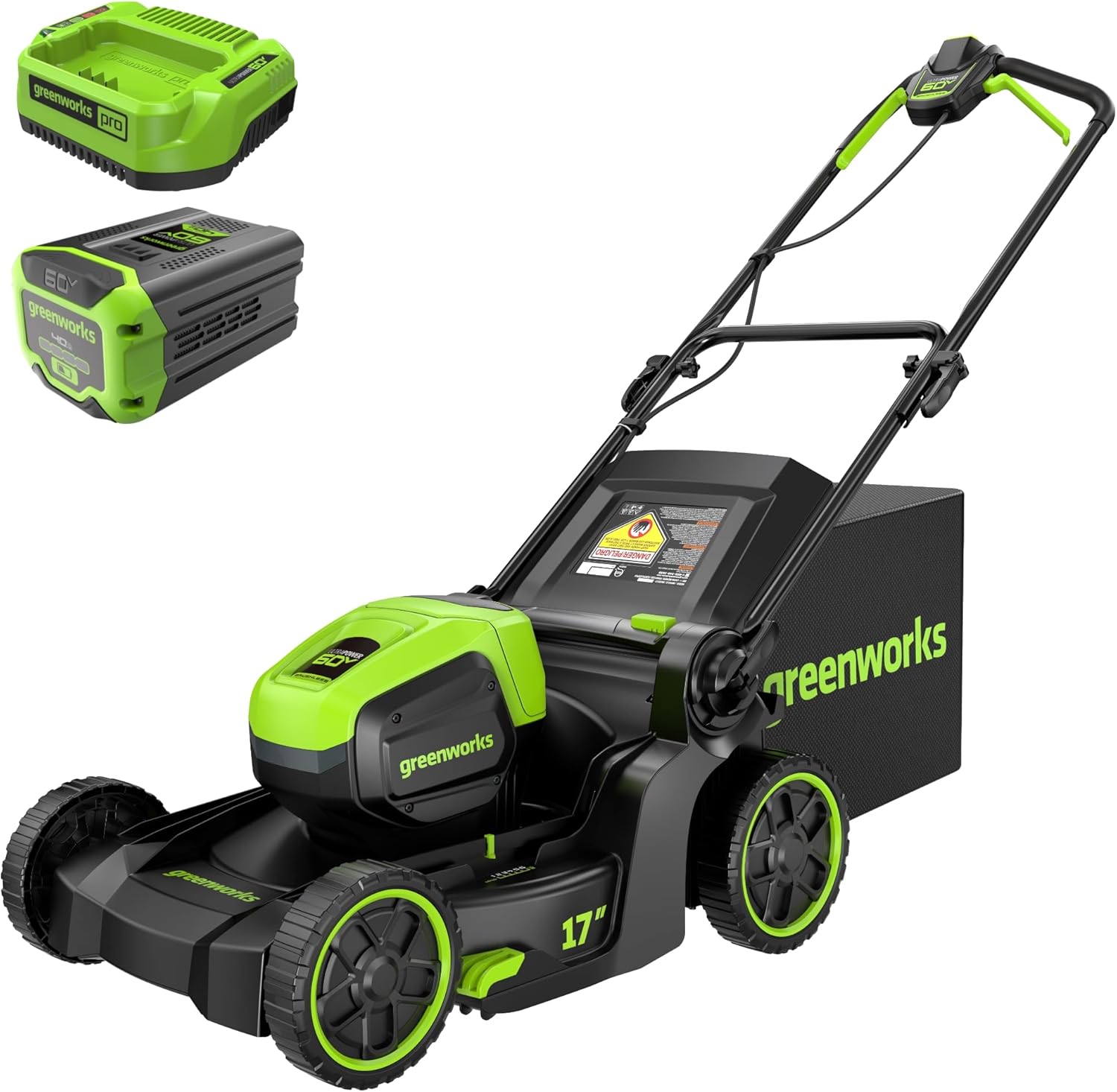 Greenworks 60V 17 Brushless Cordless Push Lawn Mower  2-in-1 Mulching/Bagging  4.0Ah Battery and 3A Charger(40min Runtime)