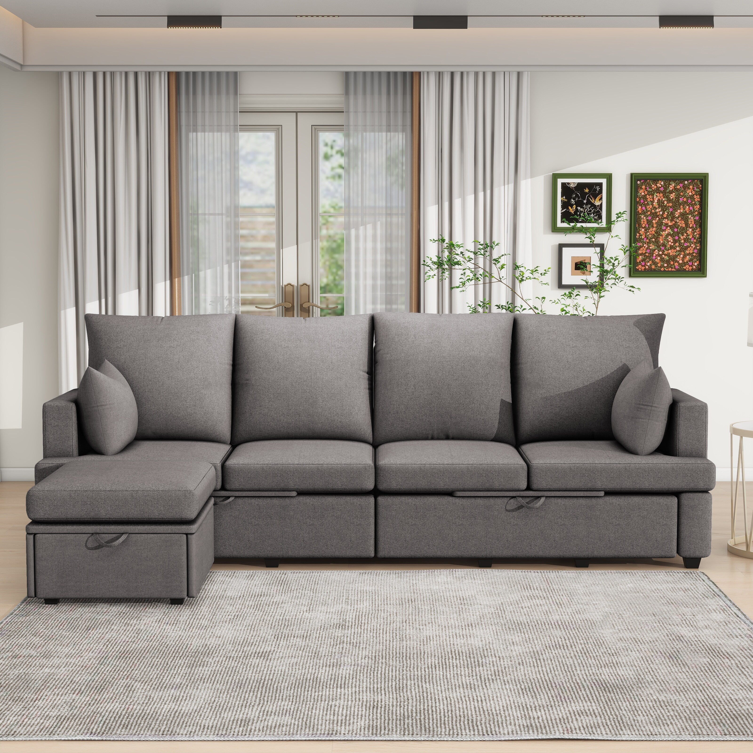 Grey 103.2'' L-Shaped 5-Seater Modular Sectional Sofa Couch with High Backrest, Memory Foam Cushions, and 2 Included Pillows
