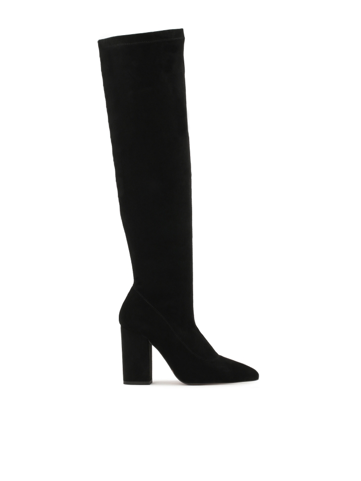 Black over-the-knee boots with stiletto heel made of fabric
