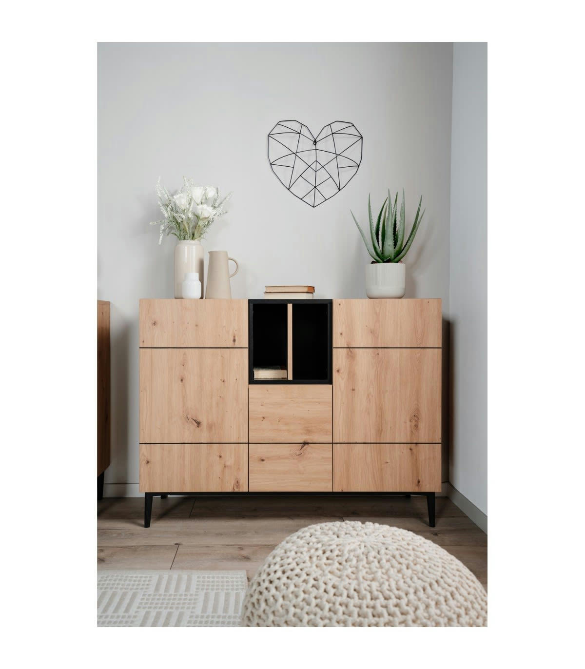 NOLA - Buffet 3 portes 2 niches L120 cm - Décor bois et noir