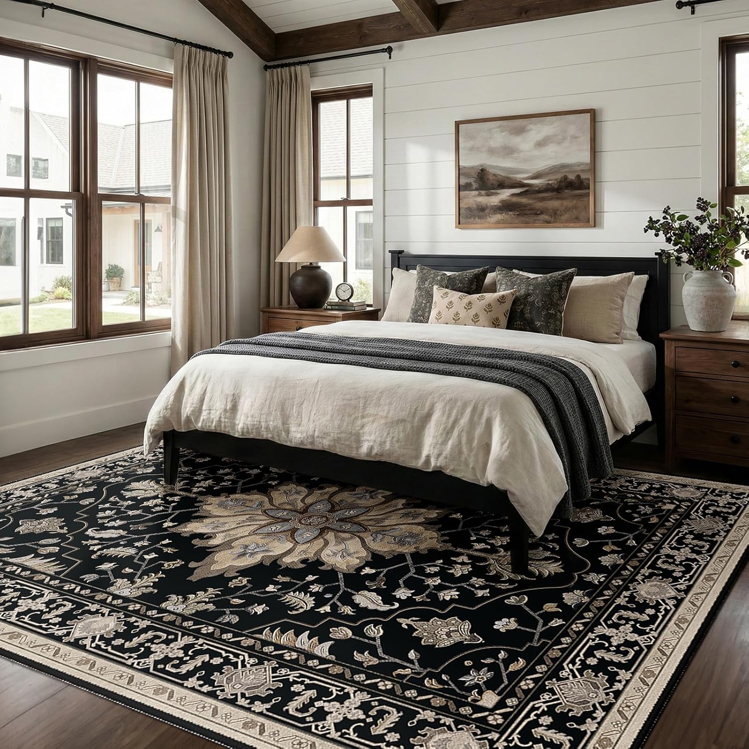 RELEANY Area Rugs 9'x12' Washable Non-Slip, Floral Vintage Distress Print Pattern Medallion Carpet for Living Room Bedroom Dining Room, Black Brown Neutral Dark Tan