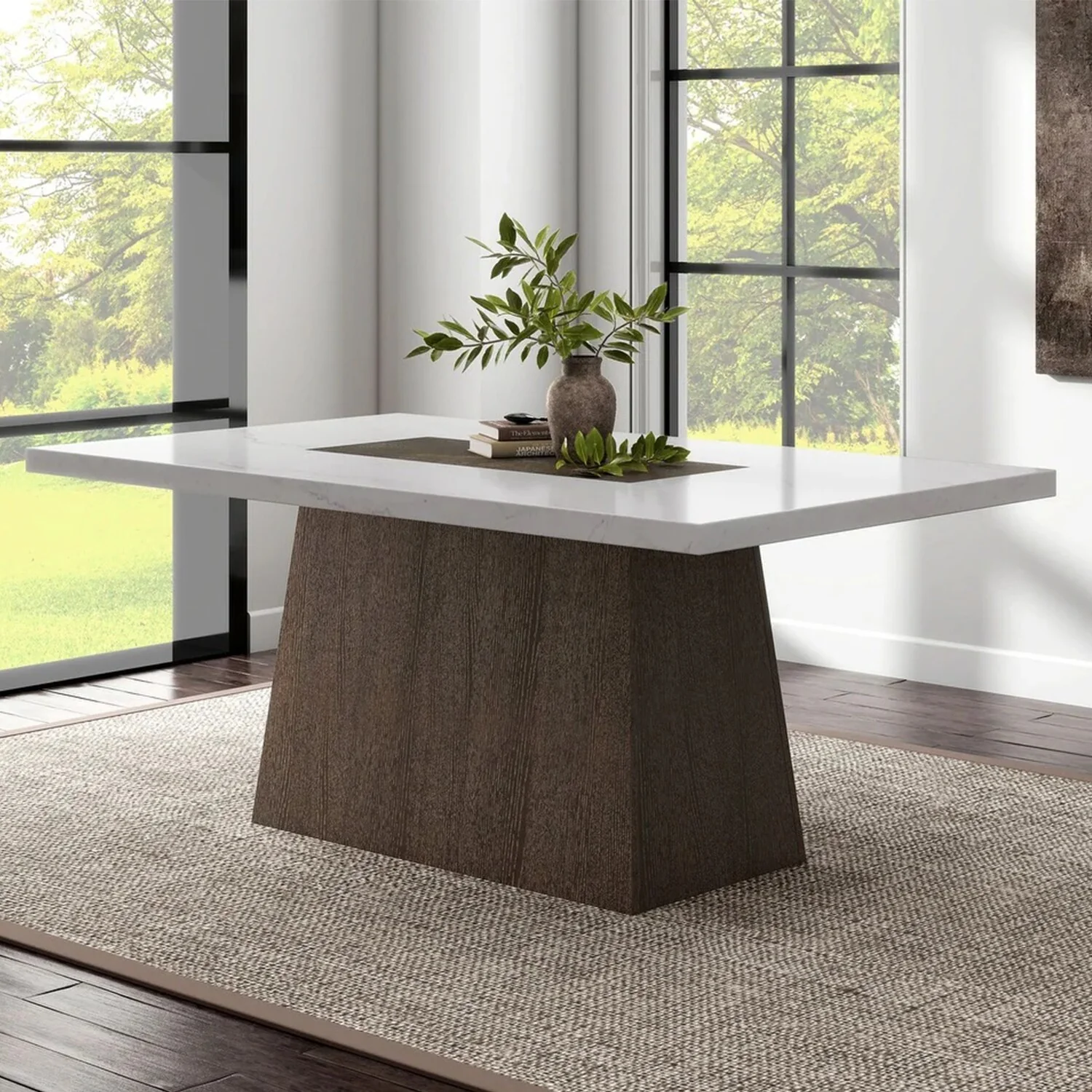 Rectangular Faux Marble Dining Table with Plinth Base in Dark Walnut and White - Dark Walnut/White