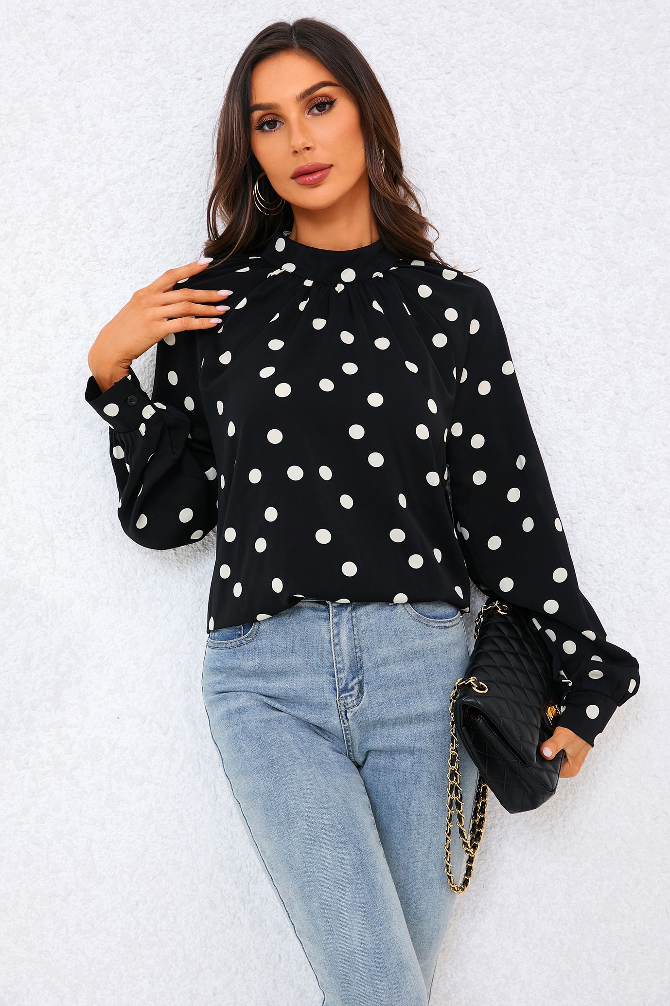 FS Collection Black Dot Print Halter Neck Blouse Top In Black