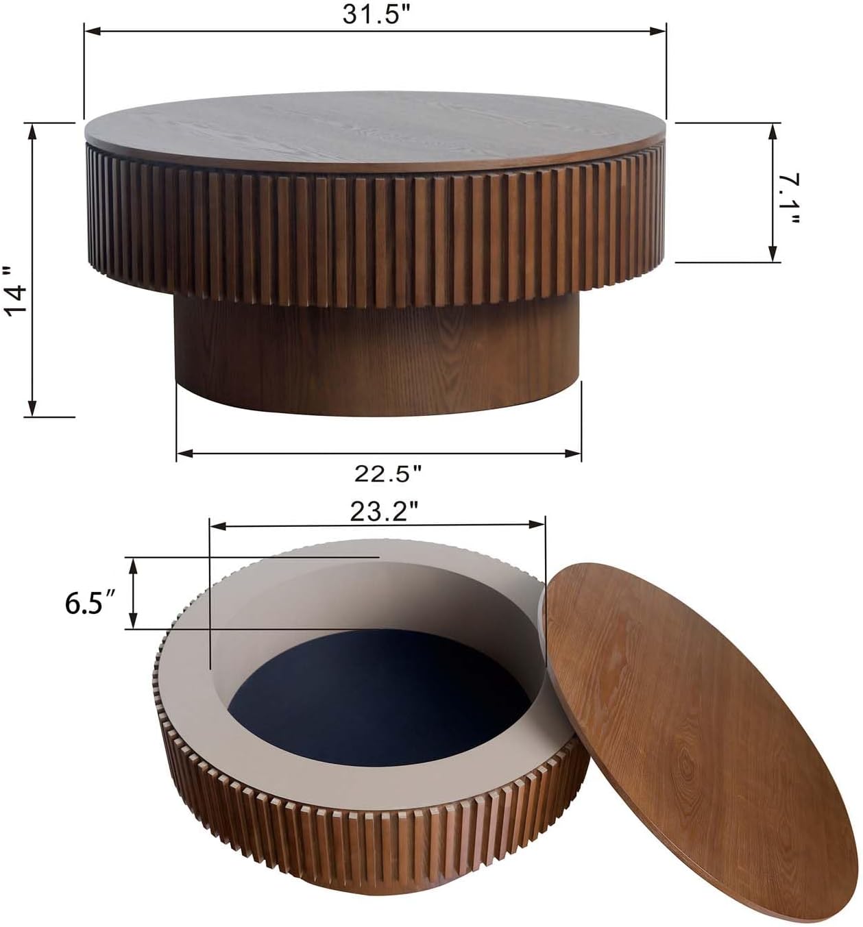 Round Coffee Table with Storage, Modern Wooden Coffee Table with Solid Wood Veneered, Circle Center Table Accent Tea Table for Living Room Apartment Small Space (31.5''L × 31.5''W × 14''H, Walnut)