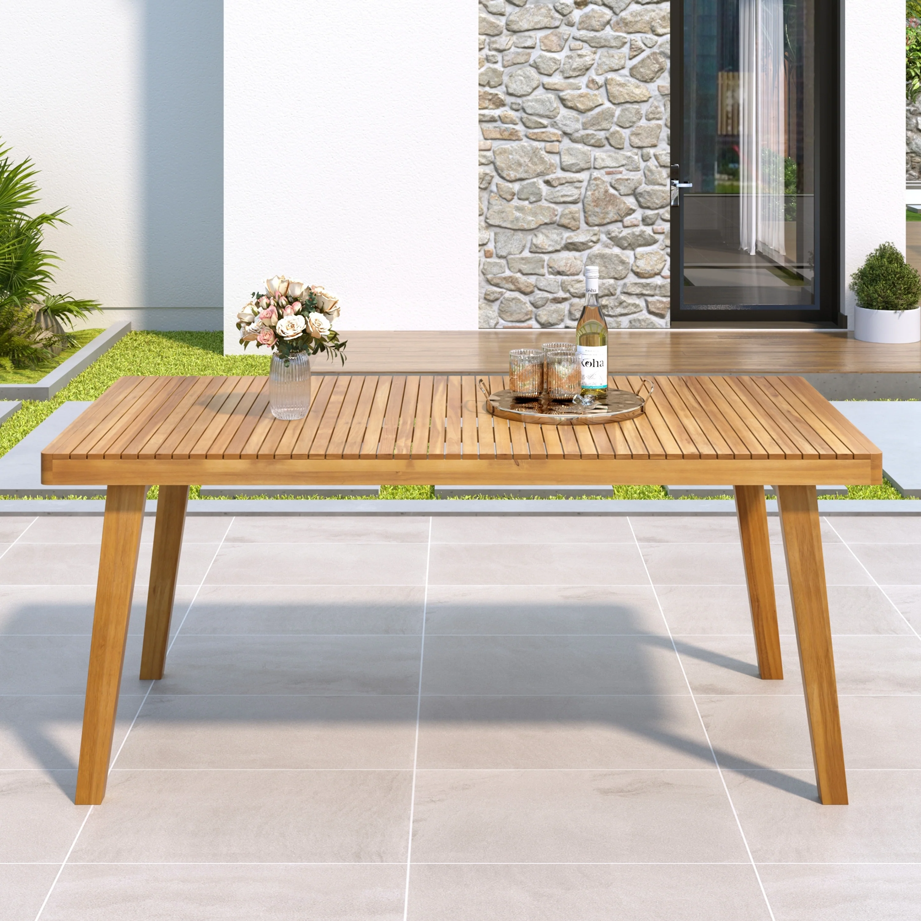 69 Acacia Wood Outdoor Dining Table with Slatted Top, 300 lbs Weight Capacity, Ideal for Patio & Garden Gatherings