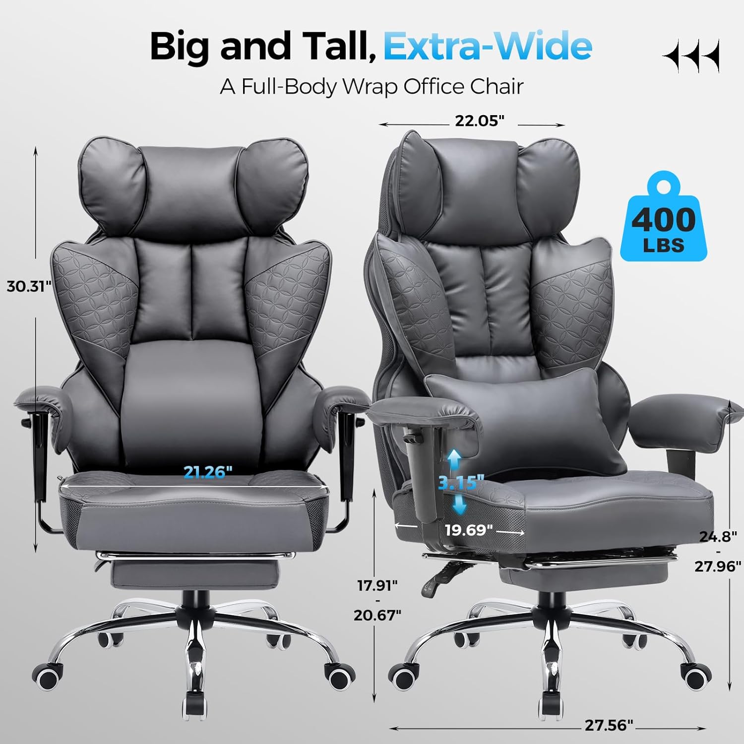 COMHOMA Big and Tall Office Chair Heavy Duty Wide Ergonomic Gaming Chair with Deluxe Embossing Designed Leather with Foot Rest,150°Reclining Adjustable Armrests Pocket Spring Back Support and Pillow