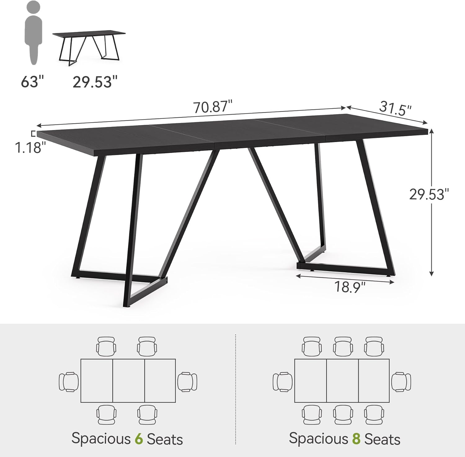 LITTLE TREE 70.86-Inch Conference Table for 8, Black Conference Room Table with Metal Base, Modern 5.9 ft Rectangular Table for Boardroom, Meeting, Conference Room