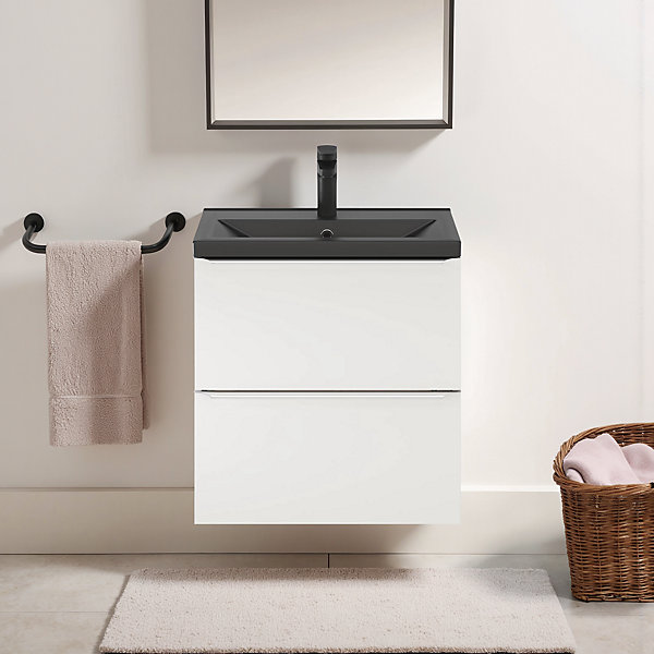 Meuble vasque suspendu faible profondeur blanc brillant l.60 cm Imandra   plan vasque noir céramique Nira, GoodHome