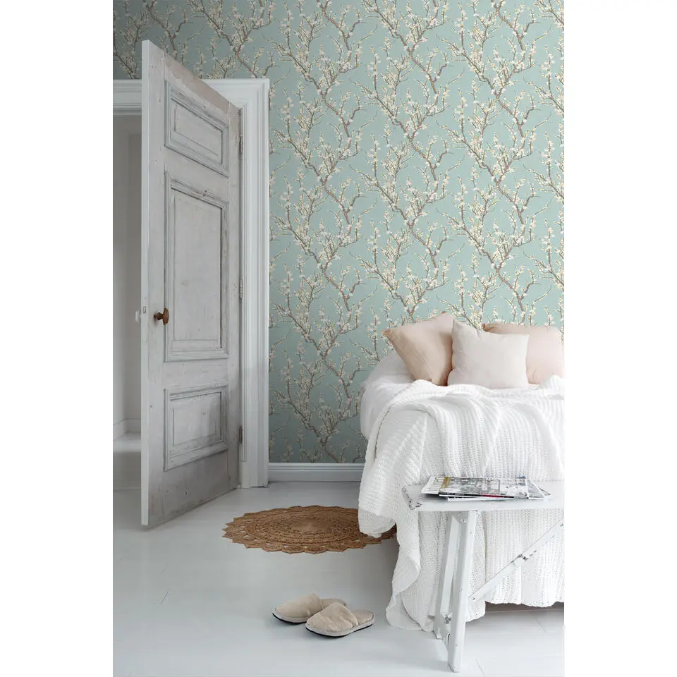 Sanders & Sanders behang bloesemtak vergrijsd mintgroen en wit - 53 cm x 10 m