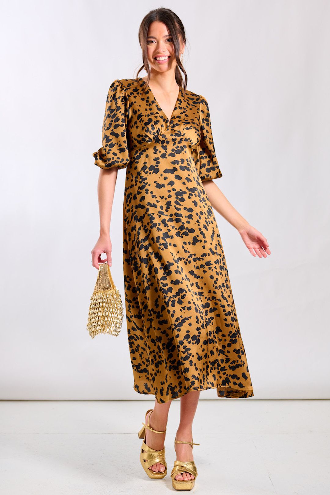 Needs No Label Brown Leopard Satin Midi Dress