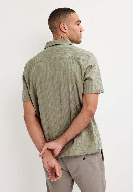 Mens Khaki Seersucker Stripe Cotton Shirt